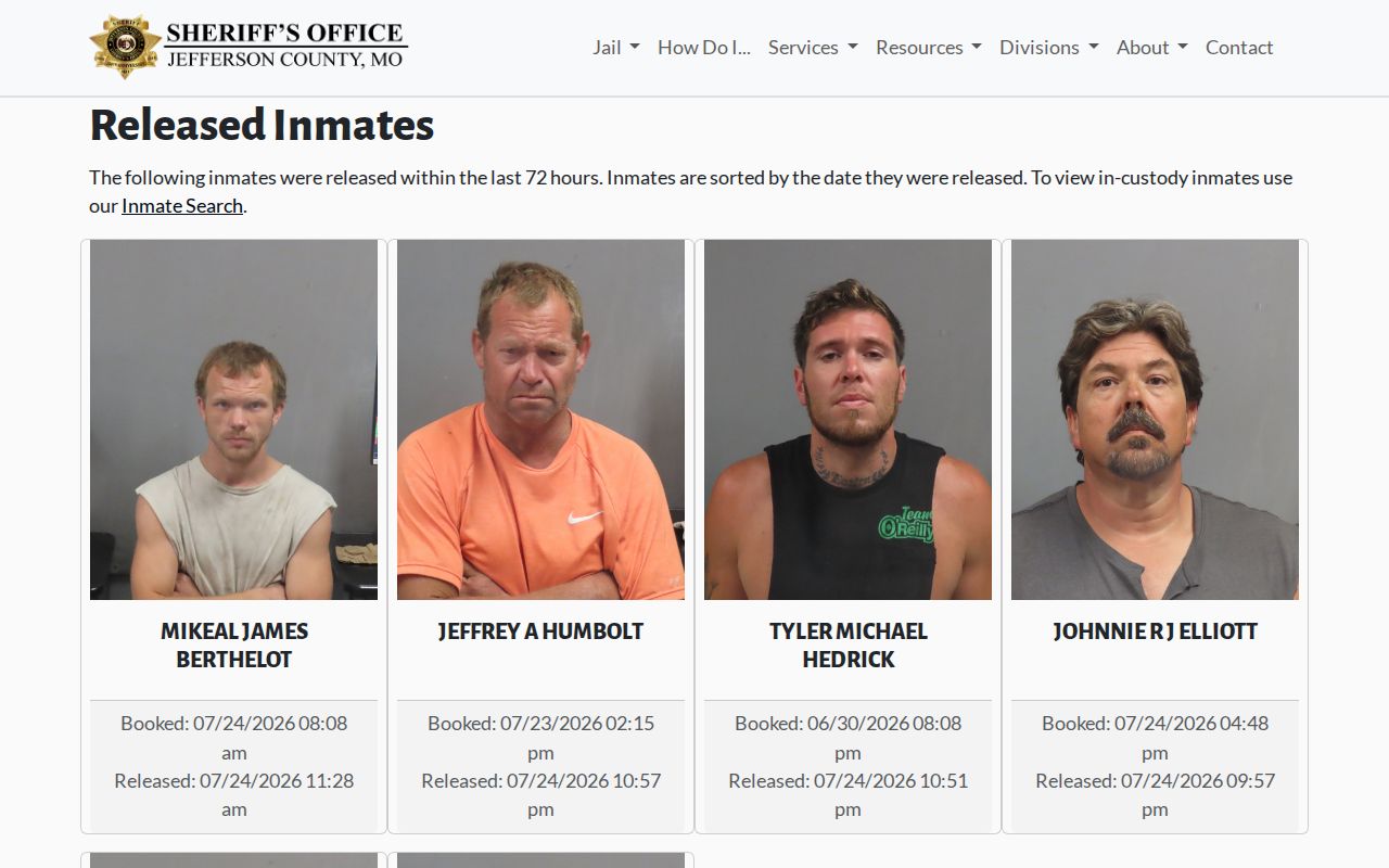 Jefferson County Sheriff's Office Recently Released Inmates page with Booked and Released timestamps