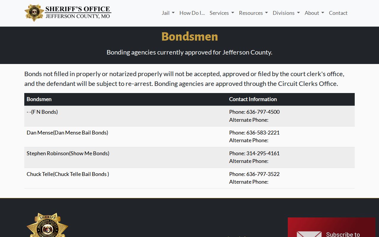 Jefferson County Sheriff's Office approved bondsmen page and defective bond warning