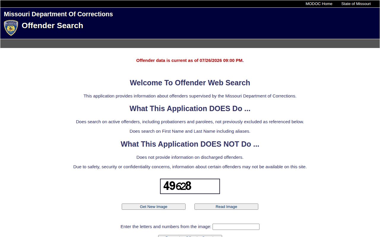 Missouri Department of Corrections offender search showing active-only coverage and discharged-offender exclusion
