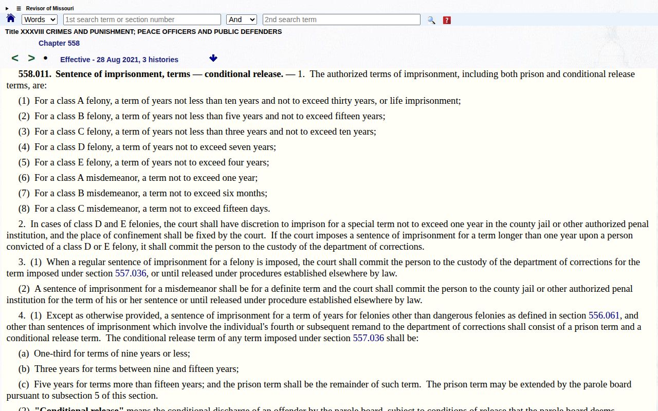Jefferson County projected release date conditional release portions under Missouri law