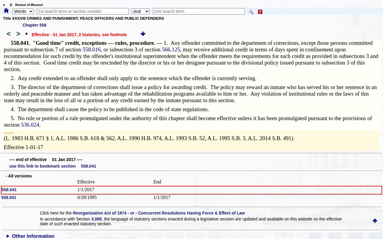 Jefferson County projected release date discretionary Missouri good time rule